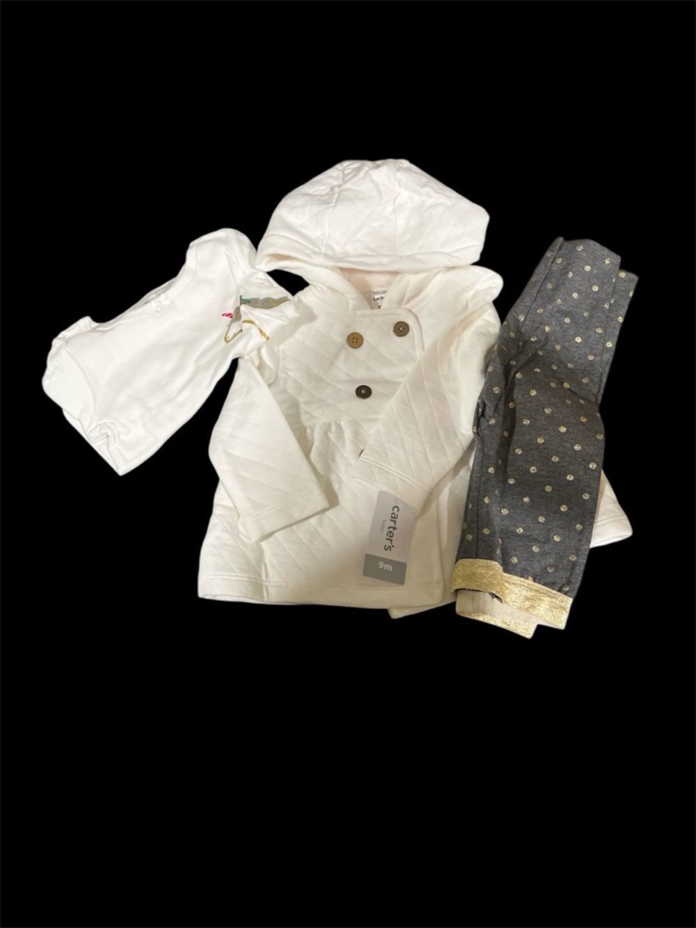 Carter's White Quilted Hooded Coat + White Onesie & Gray Polka Dot Leggings Set